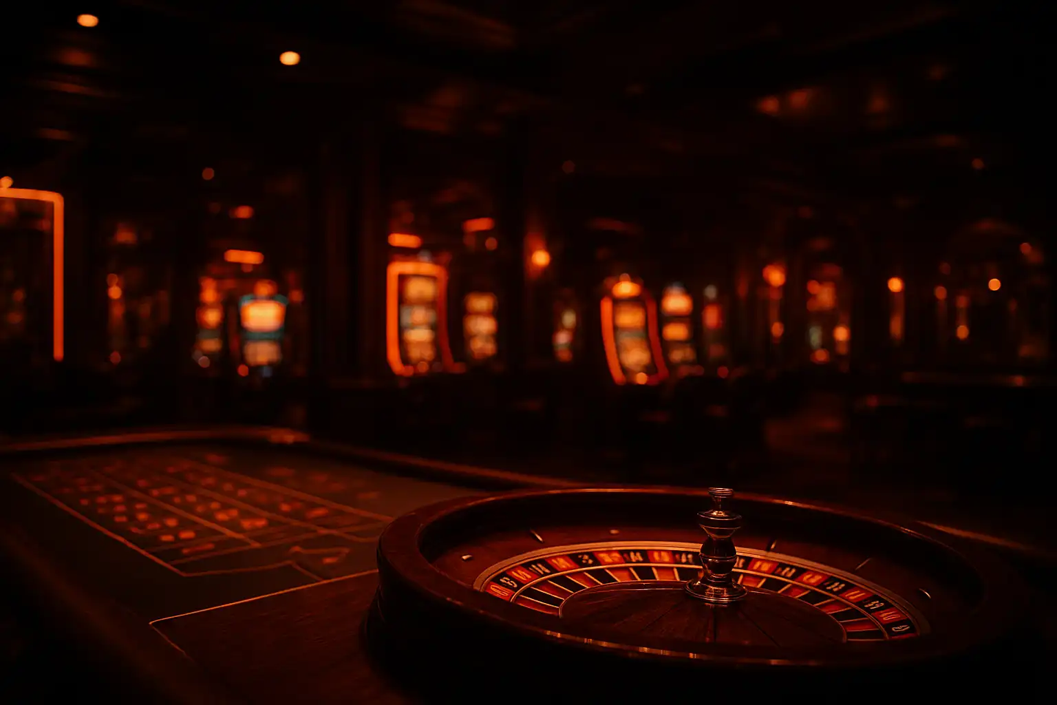 A sharply dressed dealer standing beside a glowing casino table under amber neon light