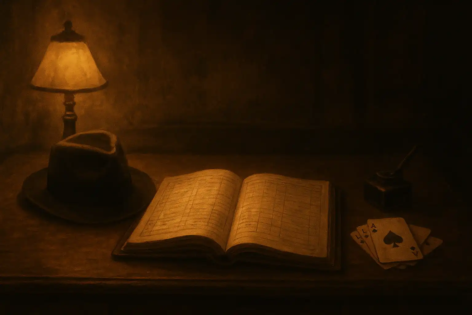A dimly lit office with a ledger, a fedora hat and a stack of playing cards on a wooden desk