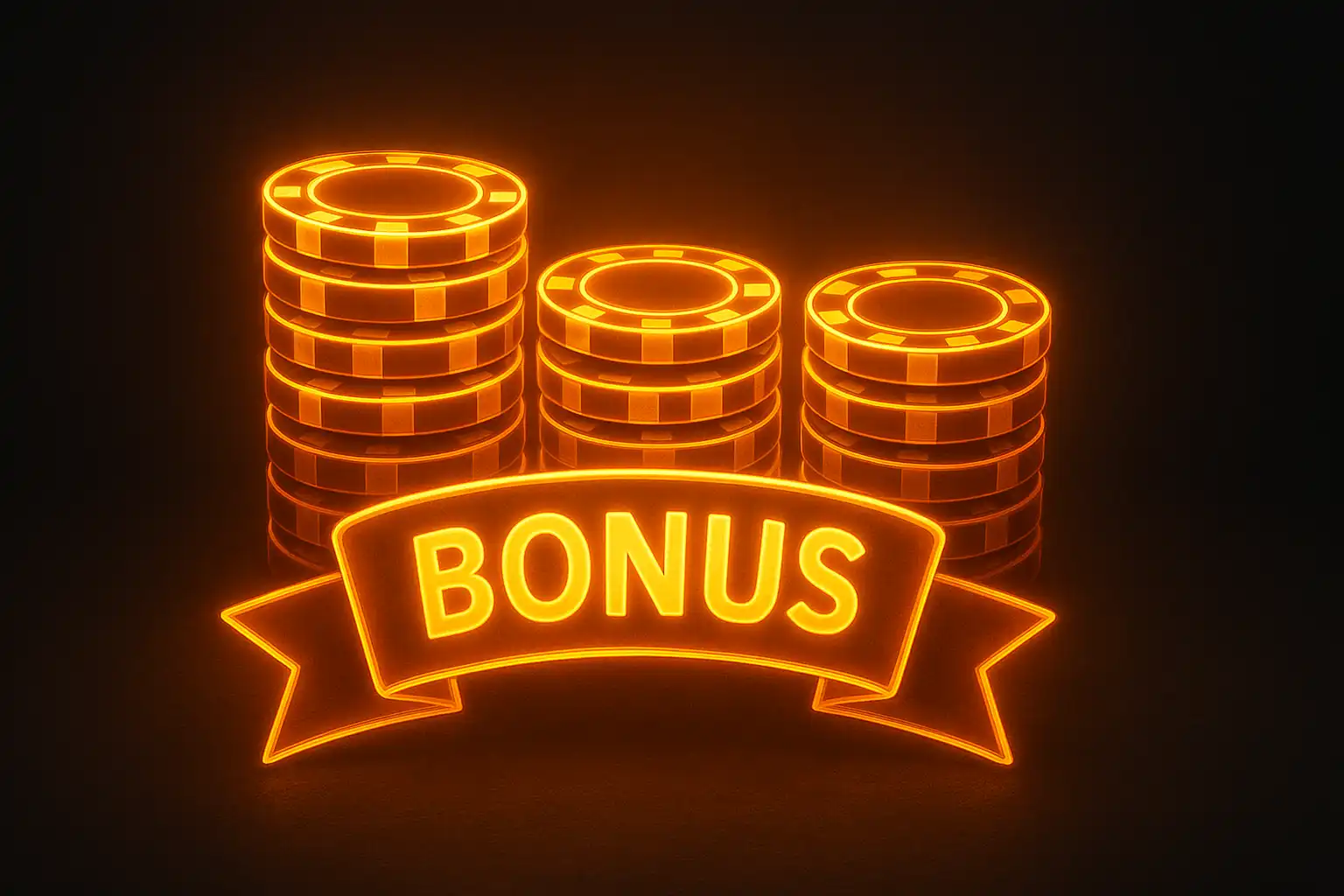 Stacks of casino chips and a bonus badge glowing in amber light